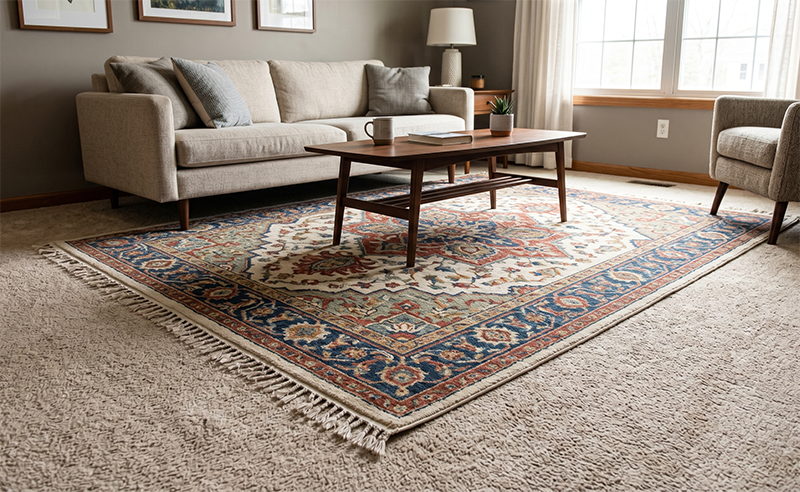 Can I put an area rug on top of carpet? Area rug on top of carpet