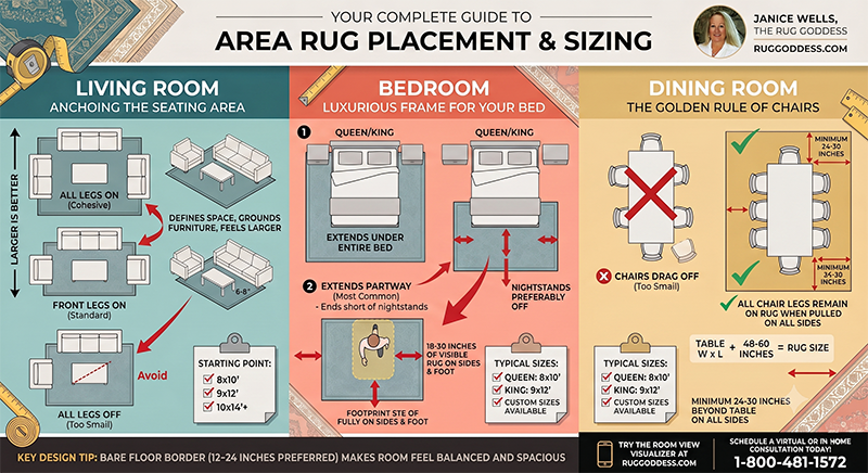 Where should an area rug be placed in a room? Where should an area rug be placed in a room?