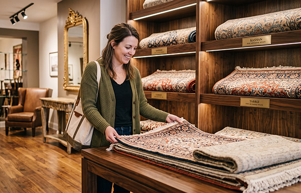 Women shopping for area rugs Women shopping for area rugs